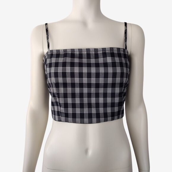Forever 21 Black Blue Houndstooth Plaid Smocked Back Cropped Cami Top - Picture 1 of 11